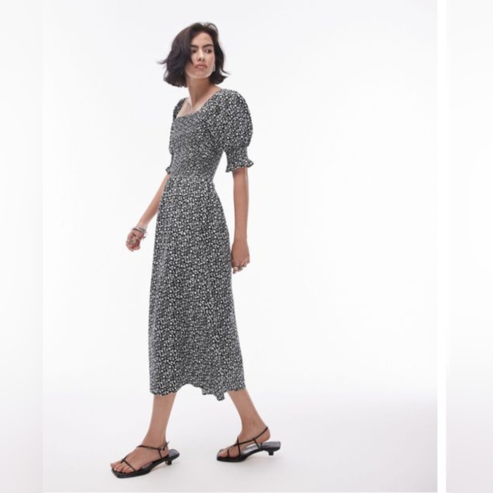 Topshop Seersucker/smocked floral midi dress